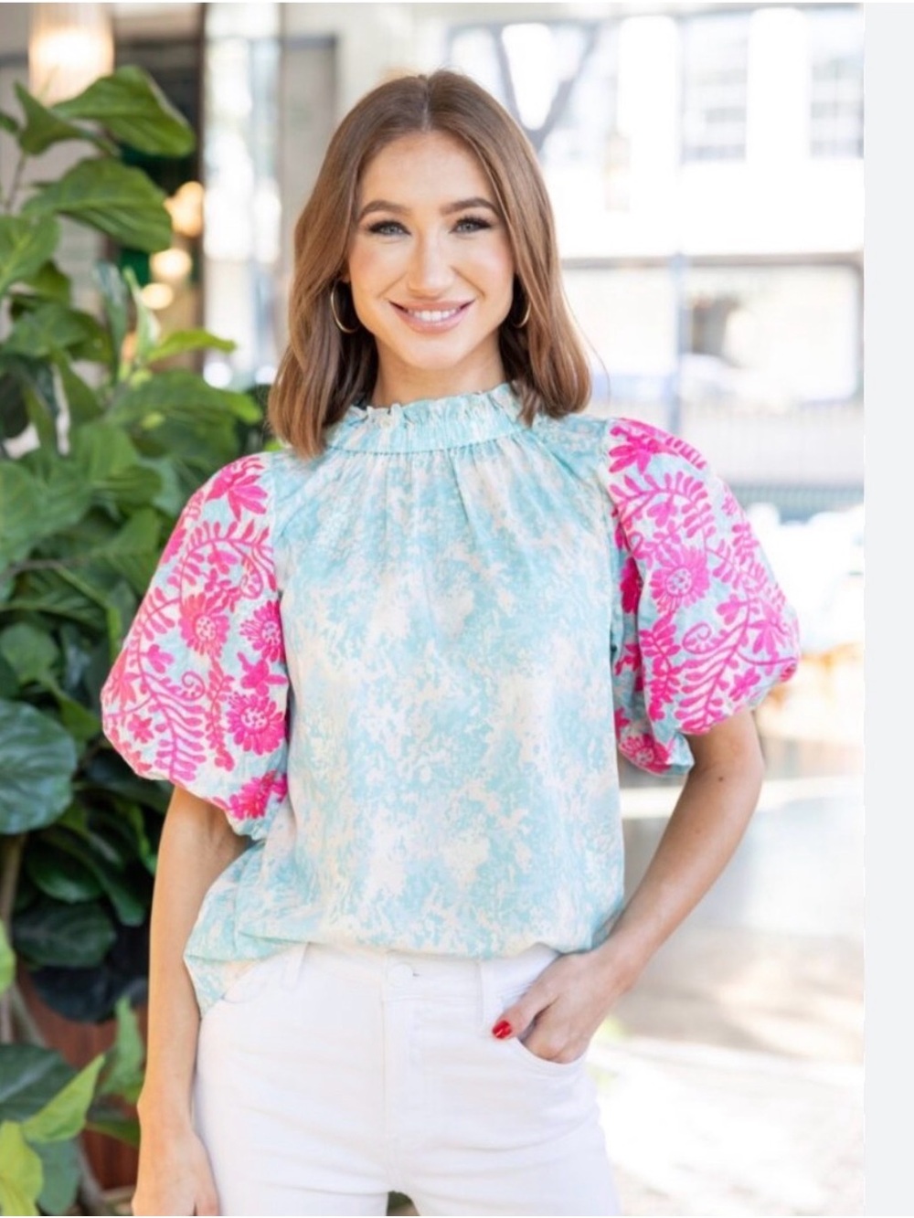 Smocked Neck Puff Sleeve Blouse in Aqua with Pink Embroidered Sleeves